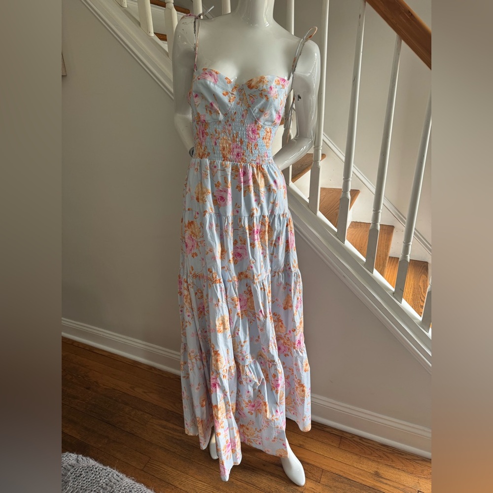 WAYF Cotton Maxi Dress light Blue with Flower Pattern Size Large